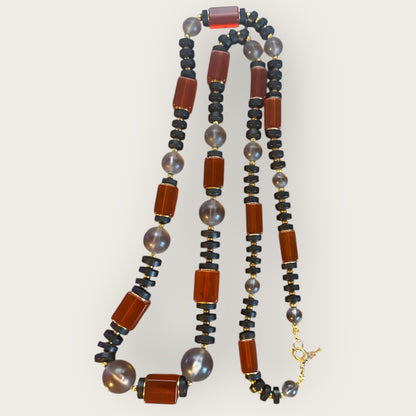 Vintage Crown Trifari Amber Lucite & Smoky Bead Long Necklace – Graduated Bead Design, Key Hangtag