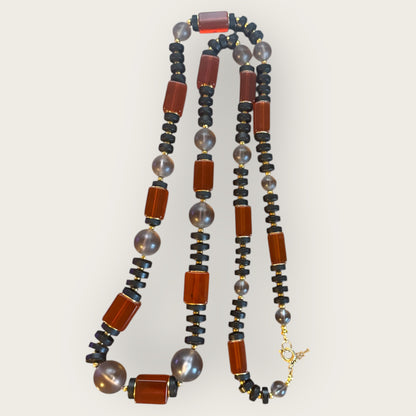 Vintage Crown Trifari Amber Lucite & Smoky Bead Long Necklace – Graduated Bead Design, Key Hangtag