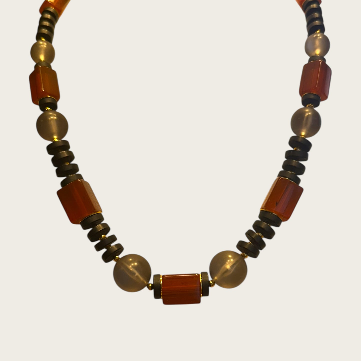 Vintage Crown Trifari Amber Lucite & Smoky Bead Long Necklace – Graduated Bead Design, Key Hangtag
