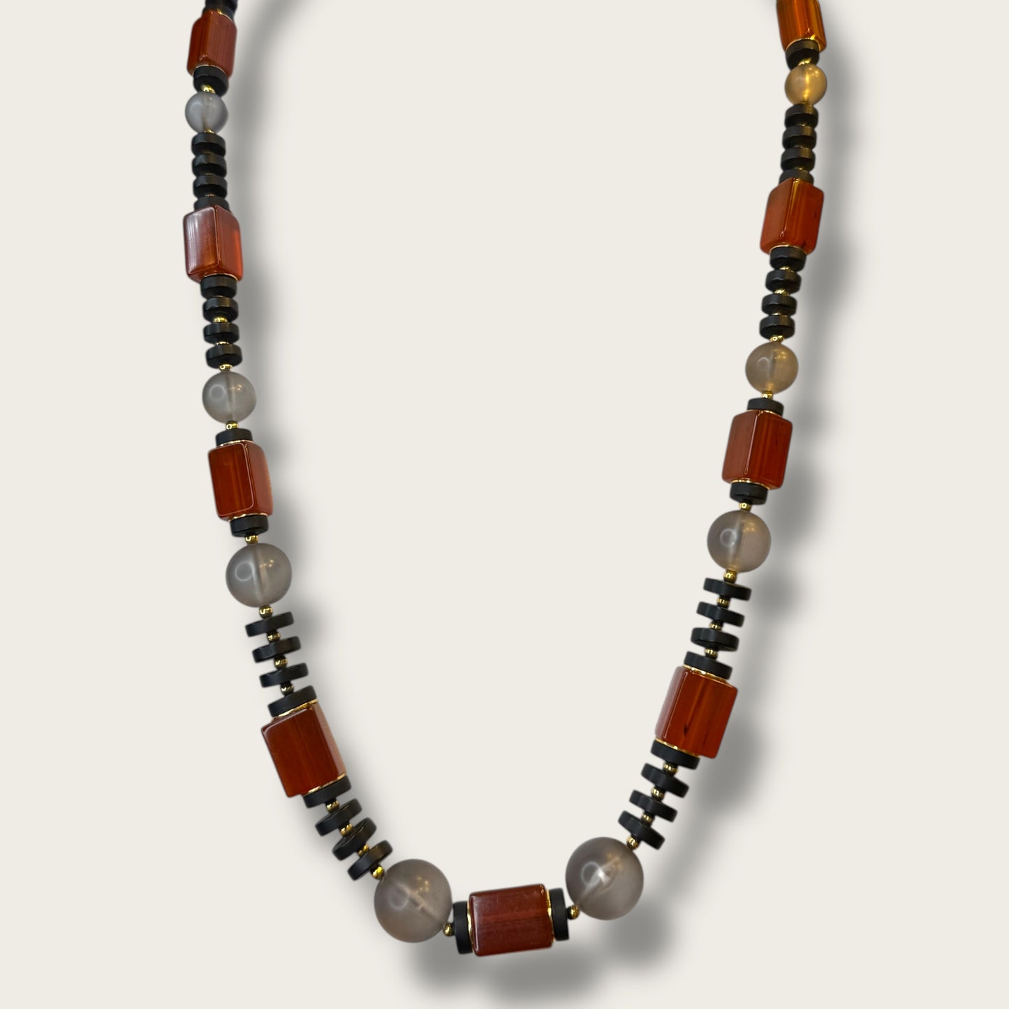 Vintage Crown Trifari Amber Lucite & Smoky Bead Long Necklace – Graduated Bead Design, Key Hangtag