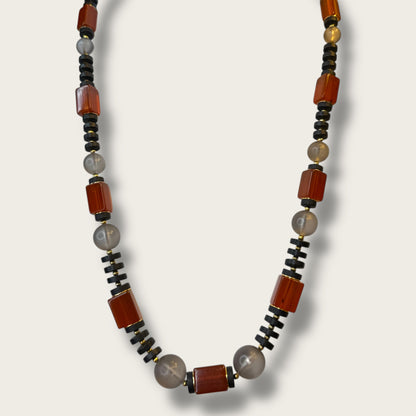 Vintage Crown Trifari Amber Lucite & Smoky Bead Long Necklace – Graduated Bead Design, Key Hangtag