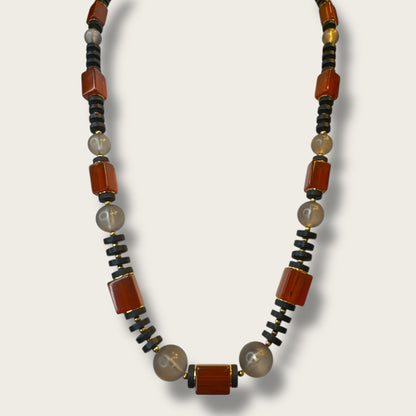 Vintage Crown Trifari Amber Lucite & Smoky Bead Long Necklace – Graduated Bead Design, Key Hangtag