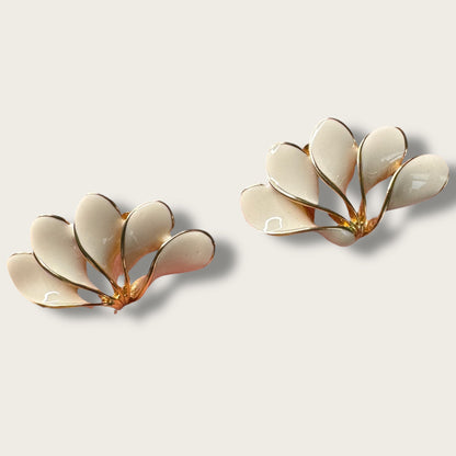 Vintage Tancer & Two Cream Enamel Fan Earrings – Sculptural Gold-Tone Statement Design