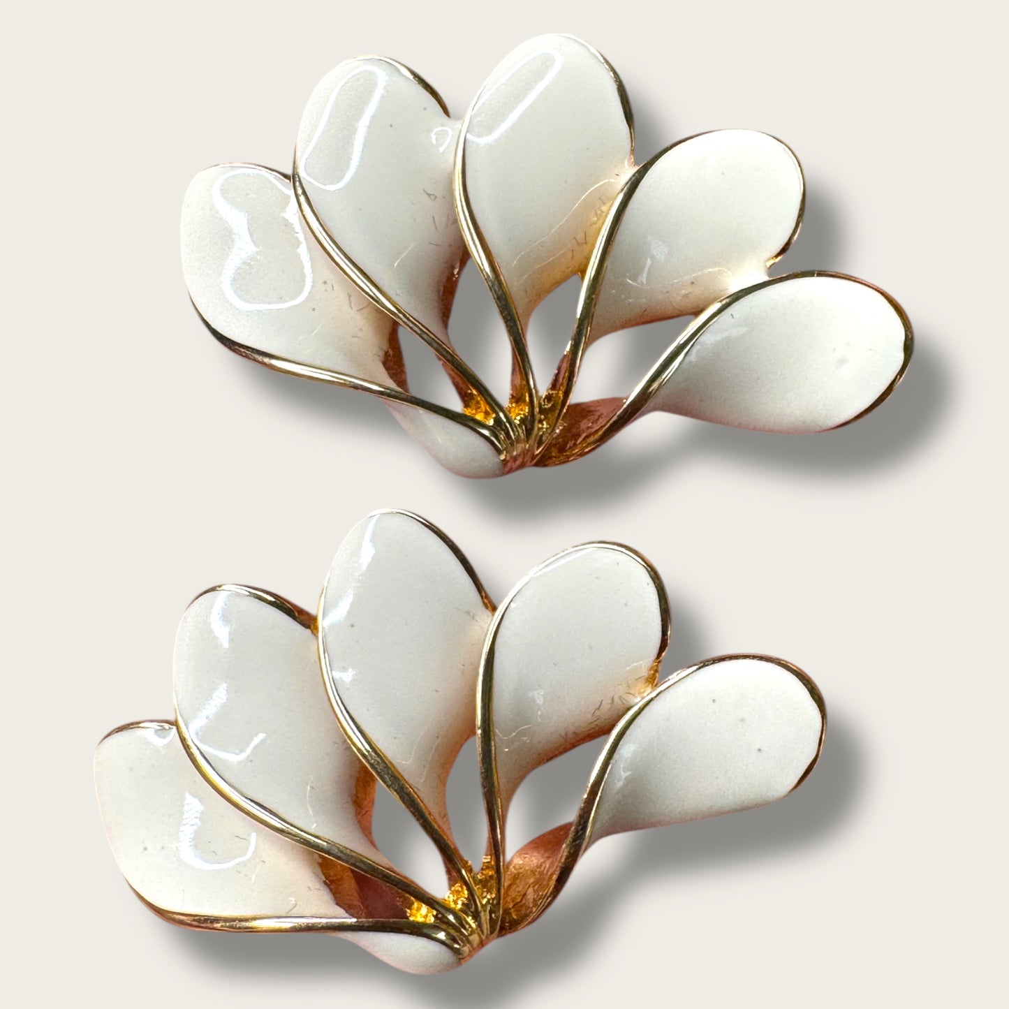 Vintage Tancer & Two Cream Enamel Fan Earrings – Sculptural Gold-Tone Statement Design
