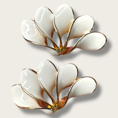 Vintage Tancer & Two Cream Enamel Fan Earrings – Sculptural Gold-Tone Statement Design