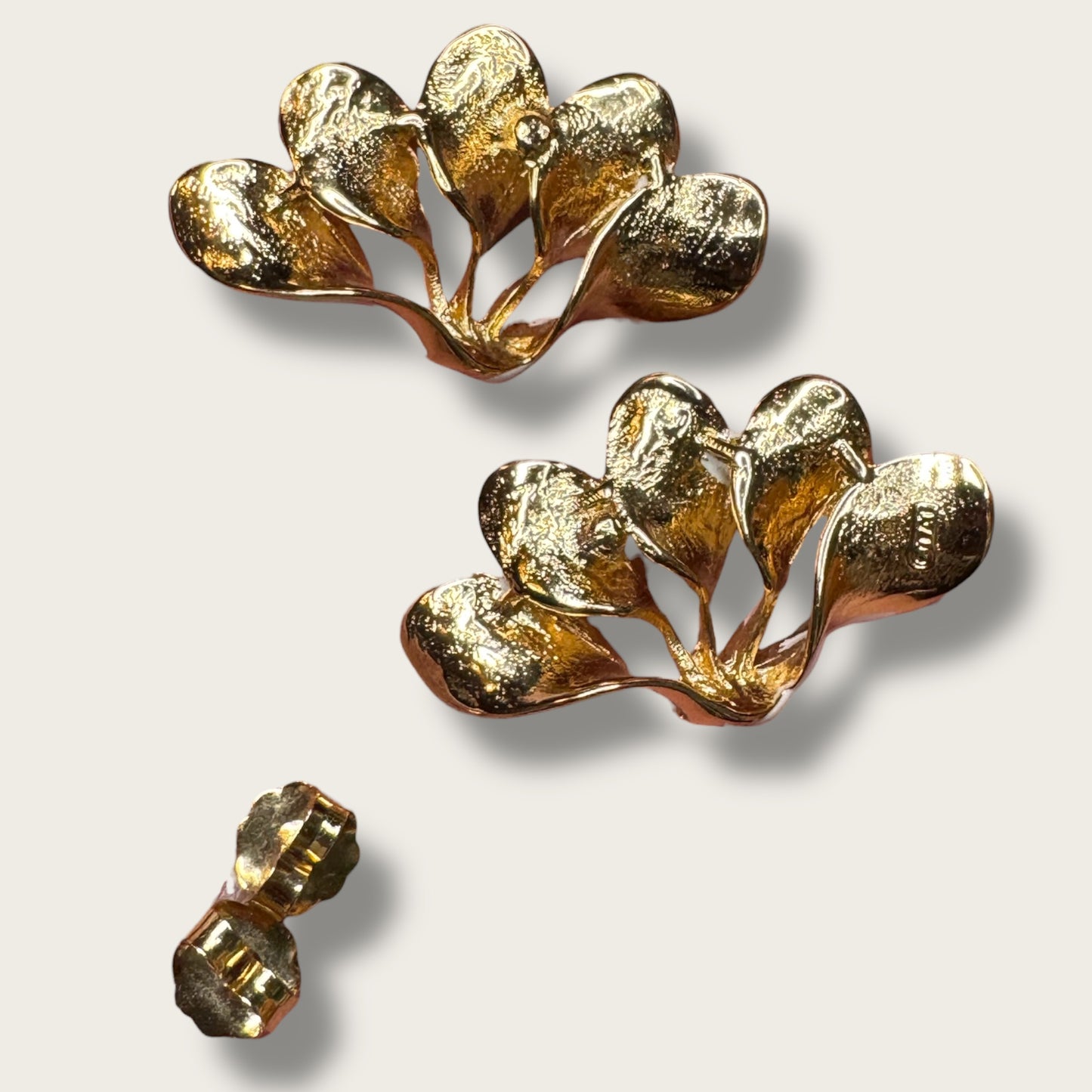 Vintage Tancer & Two Cream Enamel Fan Earrings – Sculptural Gold-Tone Statement Design