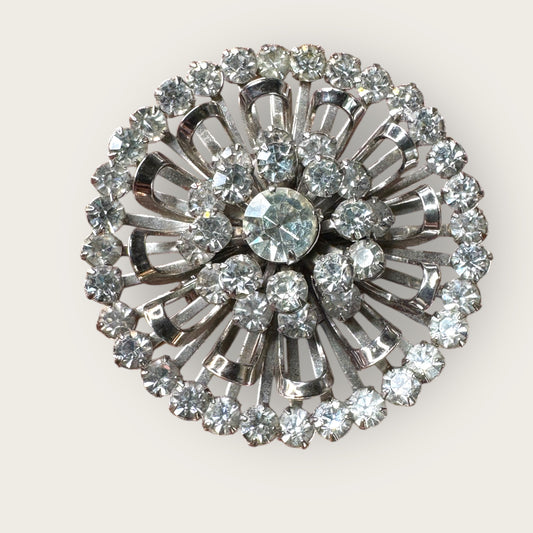 Mid-Century Layered Clear Rhinestone Burst Brooch – Silvertone Radiance