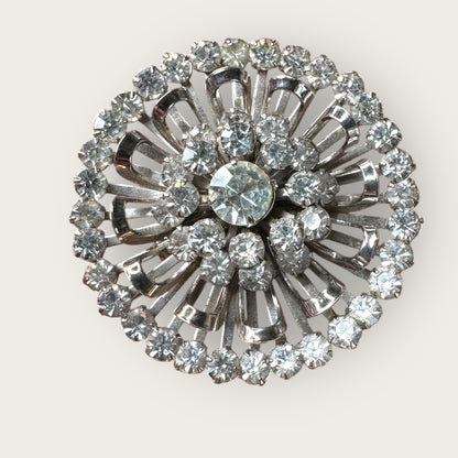 Mid-Century Layered Clear Rhinestone Burst Brooch – Silvertone Radiance