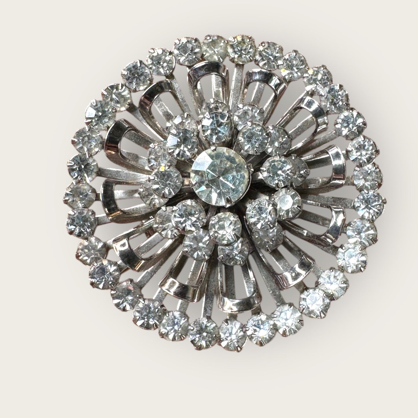 Mid-Century Layered Clear Rhinestone Burst Brooch – Silvertone Radiance