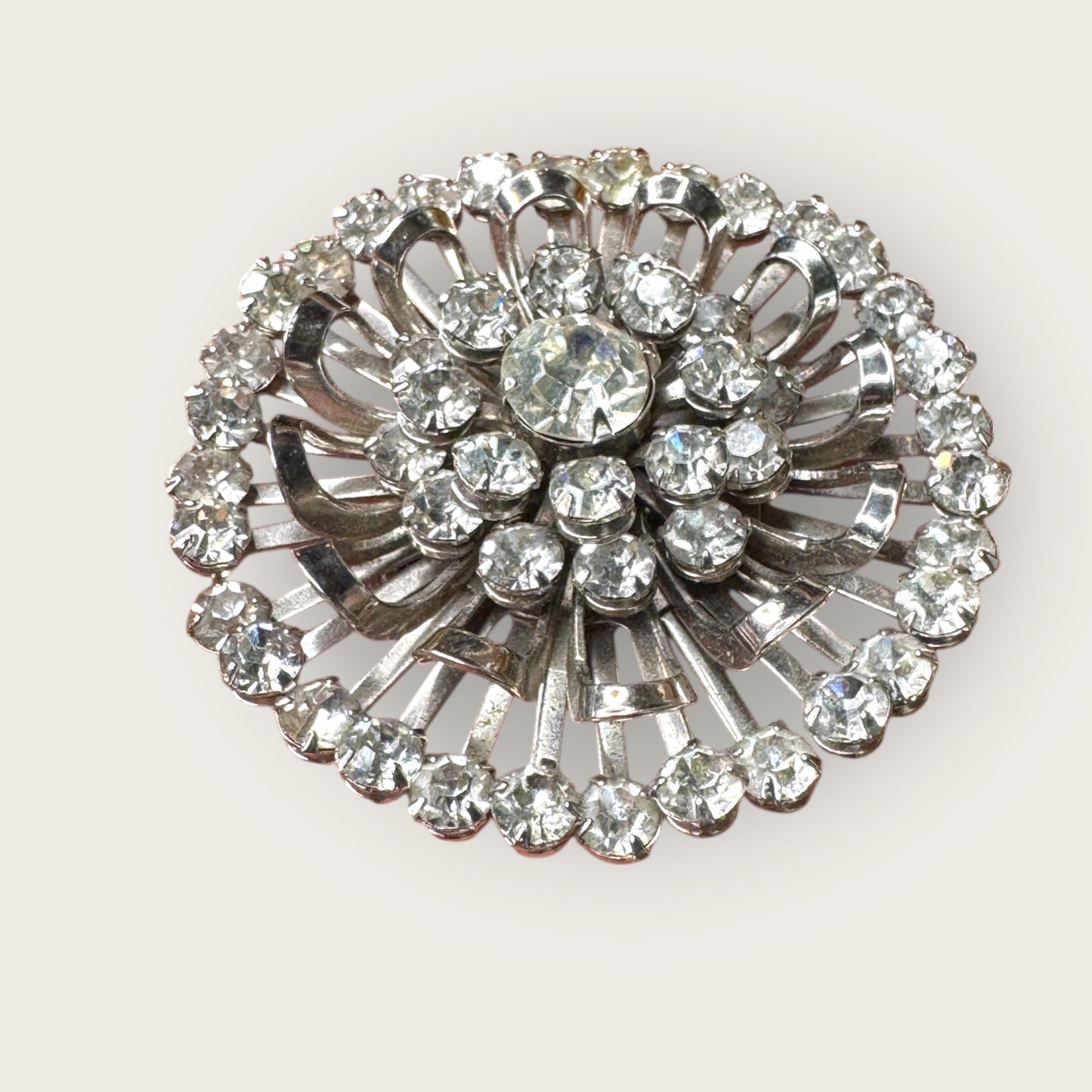Mid-Century Layered Clear Rhinestone Burst Brooch – Silvertone Radiance