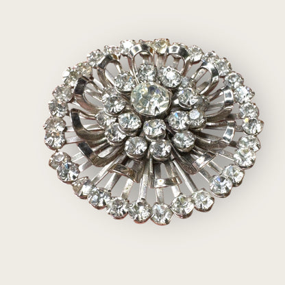 Mid-Century Layered Clear Rhinestone Burst Brooch – Silvertone Radiance