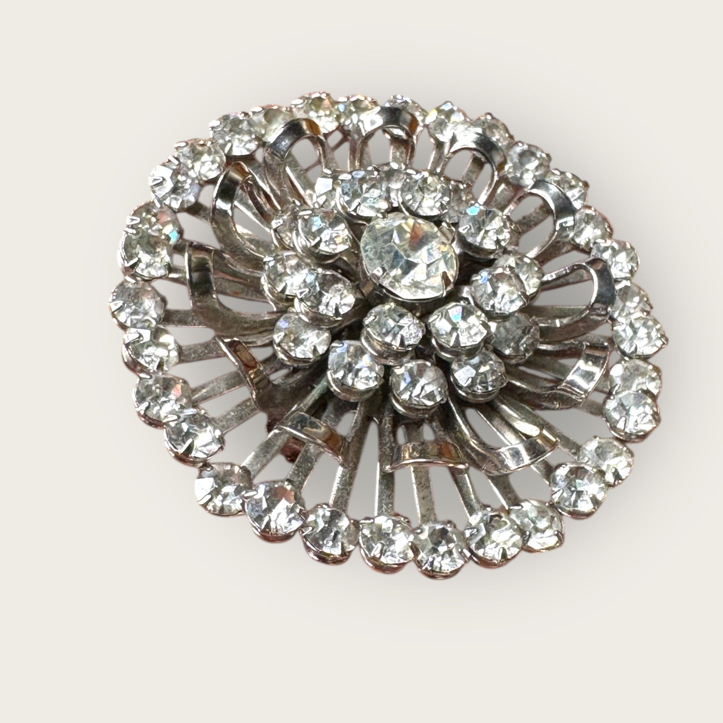 Mid-Century Layered Clear Rhinestone Burst Brooch – Silvertone Radiance