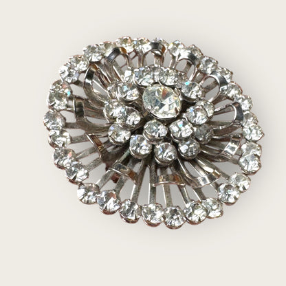 Mid-Century Layered Clear Rhinestone Burst Brooch – Silvertone Radiance