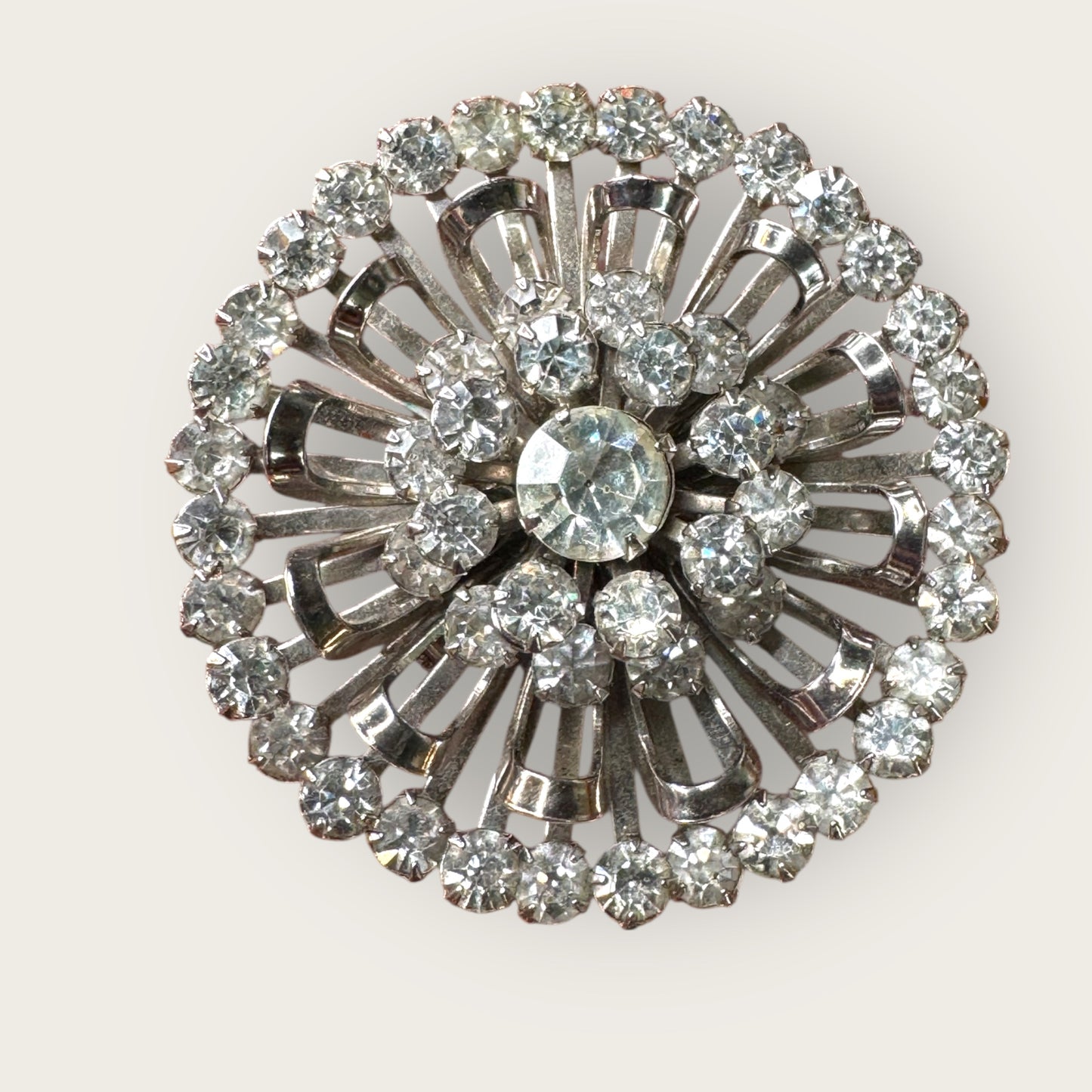 Mid-Century Layered Clear Rhinestone Burst Brooch – Silvertone Radiance
