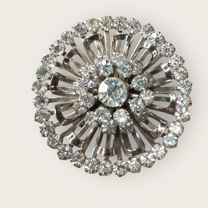 Mid-Century Layered Clear Rhinestone Burst Brooch – Silvertone Radiance