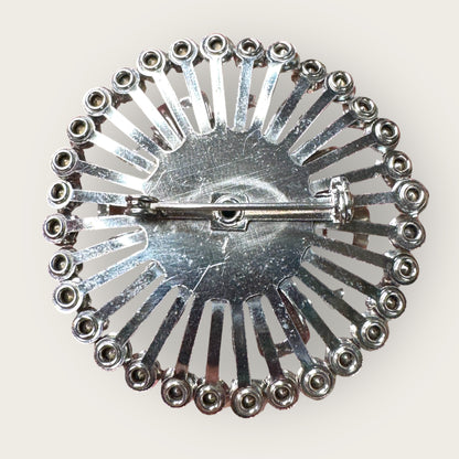 Mid-Century Layered Clear Rhinestone Burst Brooch – Silvertone Radiance