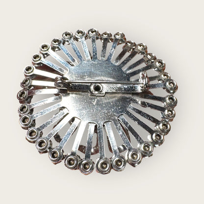 Mid-Century Layered Clear Rhinestone Burst Brooch – Silvertone Radiance