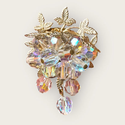 Vintage Aurora Borealis Crystal Cha-Cha Cluster Brooch – Mid-Century Gilt Leaf Design