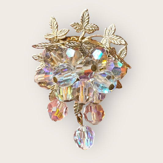 Vintage Aurora Borealis Crystal Cha-Cha Cluster Brooch – Mid-Century Gilt Leaf Design