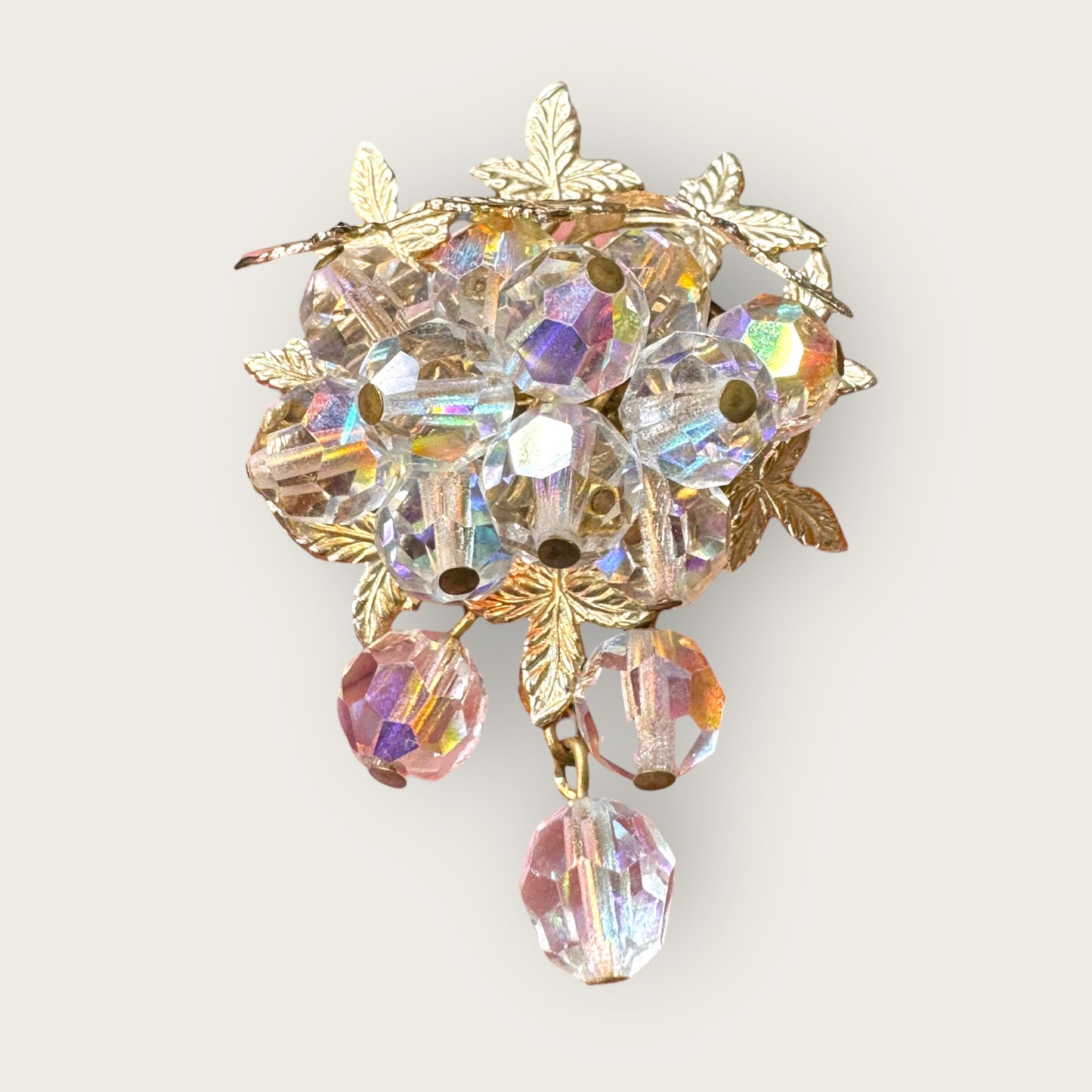 Vintage Aurora Borealis Crystal Cha-Cha Cluster Brooch – Mid-Century Gilt Leaf Design
