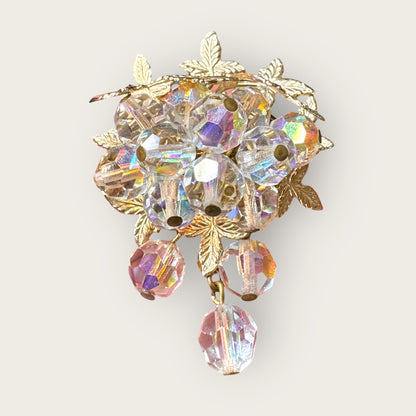 Vintage Aurora Borealis Crystal Cha-Cha Cluster Brooch – Mid-Century Gilt Leaf Design