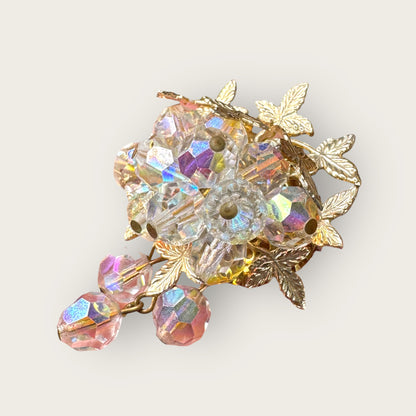 Vintage Aurora Borealis Crystal Cha-Cha Cluster Brooch – Mid-Century Gilt Leaf Design