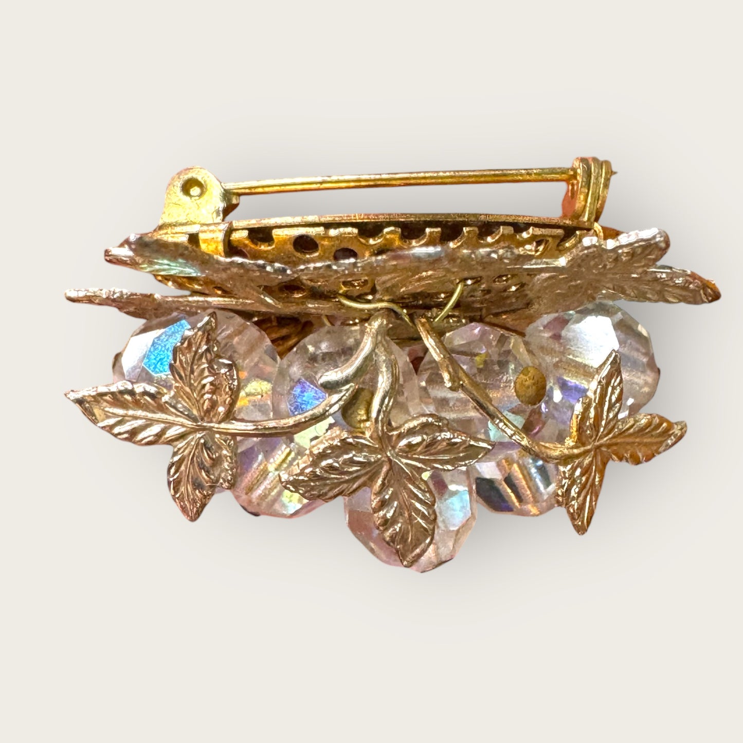 Vintage Aurora Borealis Crystal Cha-Cha Cluster Brooch – Mid-Century Gilt Leaf Design