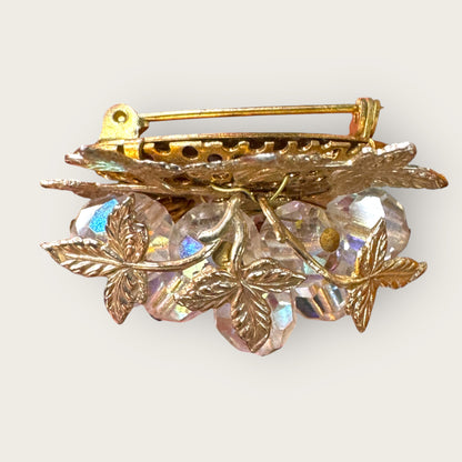 Vintage Aurora Borealis Crystal Cha-Cha Cluster Brooch – Mid-Century Gilt Leaf Design