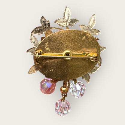 Vintage Aurora Borealis Crystal Cha-Cha Cluster Brooch – Mid-Century Gilt Leaf Design
