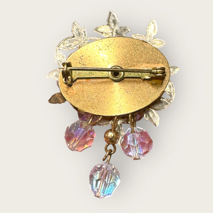 Vintage Aurora Borealis Crystal Cha-Cha Cluster Brooch – Mid-Century Gilt Leaf Design