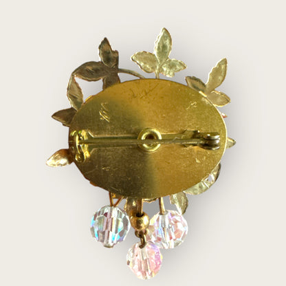 Vintage Aurora Borealis Crystal Cha-Cha Cluster Brooch – Mid-Century Gilt Leaf Design