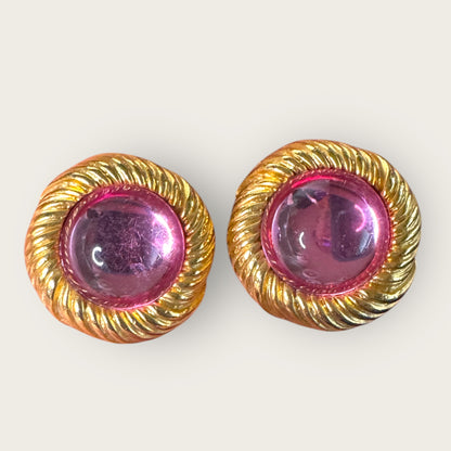 Vintage Textured Gold-Tone Pink Lucite Cabochon Clip-On Earrings