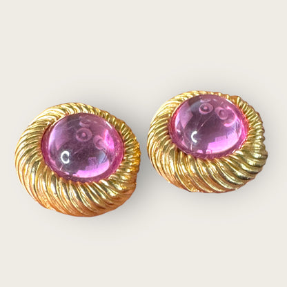 Vintage Textured Gold-Tone Pink Lucite Cabochon Clip-On Earrings