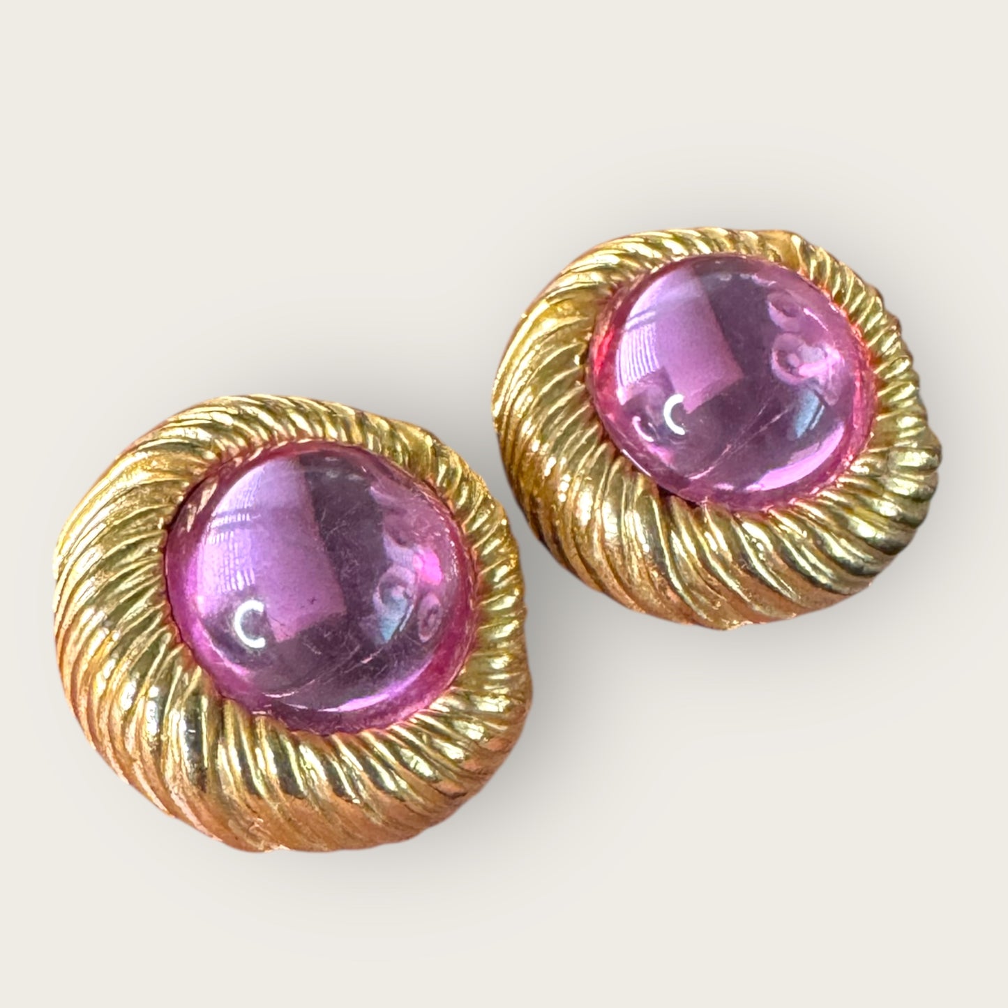 Vintage Textured Gold-Tone Pink Lucite Cabochon Clip-On Earrings