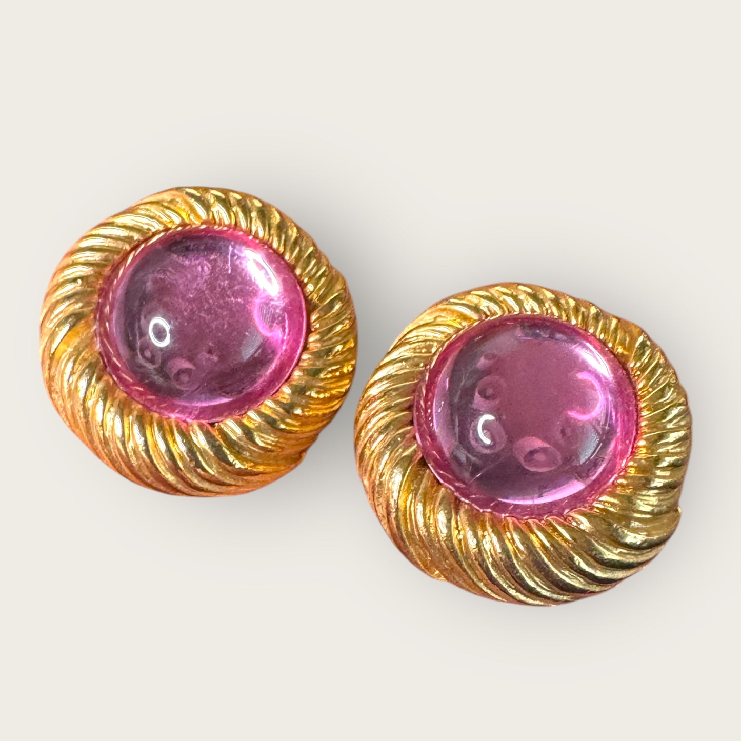 Vintage Textured Gold-Tone Pink Lucite Cabochon Clip-On Earrings