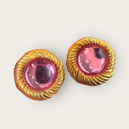 Vintage Textured Gold-Tone Pink Lucite Cabochon Clip-On Earrings