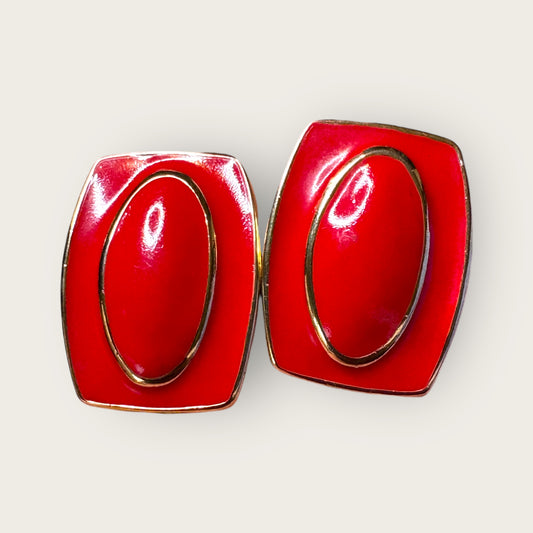 Vintage Monet Red Enamel Rectangular Earrings – Gold-Tone, Post + Comfort Clip