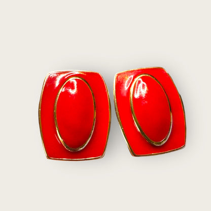 Vintage Monet Red Enamel Rectangular Earrings – Gold-Tone, Post + Comfort Clip