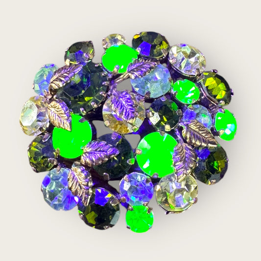 Vintage Austrian Domed Green Rhinestone & Uranium Glass Brooch – Gold-Tone Leaf Accents Signed Austria