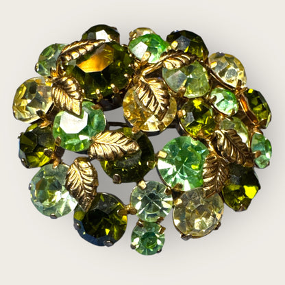 Vintage Austrian Domed Green Rhinestone & Uranium Glass Brooch – Gold-Tone Leaf Accents Signed Austria