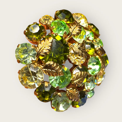 Vintage Austrian Domed Green Rhinestone & Uranium Glass Brooch – Gold-Tone Leaf Accents Signed Austria