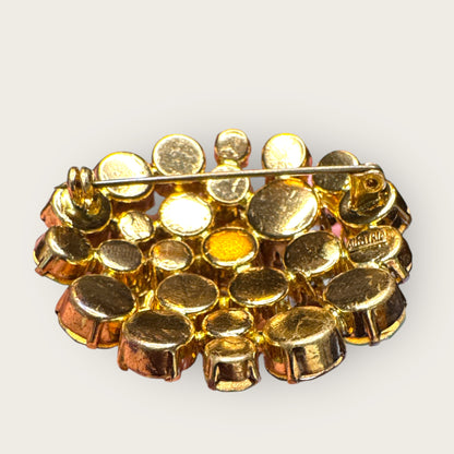 Vintage Austrian Domed Green Rhinestone & Uranium Glass Brooch – Gold-Tone Leaf Accents Signed Austria
