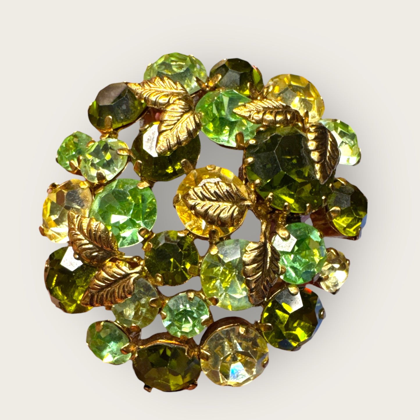 Vintage Austrian Domed Green Rhinestone & Uranium Glass Brooch – Gold-Tone Leaf Accents Signed Austria