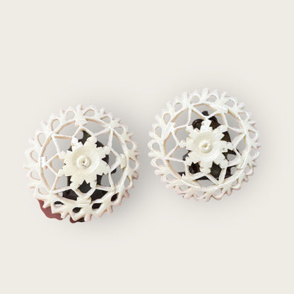 Vintage Carved Celluloid Filigree Floral Earrings – 1920s–1940s Cream Ivorine