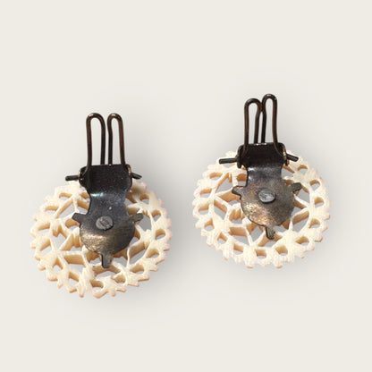 Vintage Carved Celluloid Filigree Floral Earrings – 1920s–1940s Cream Ivorine