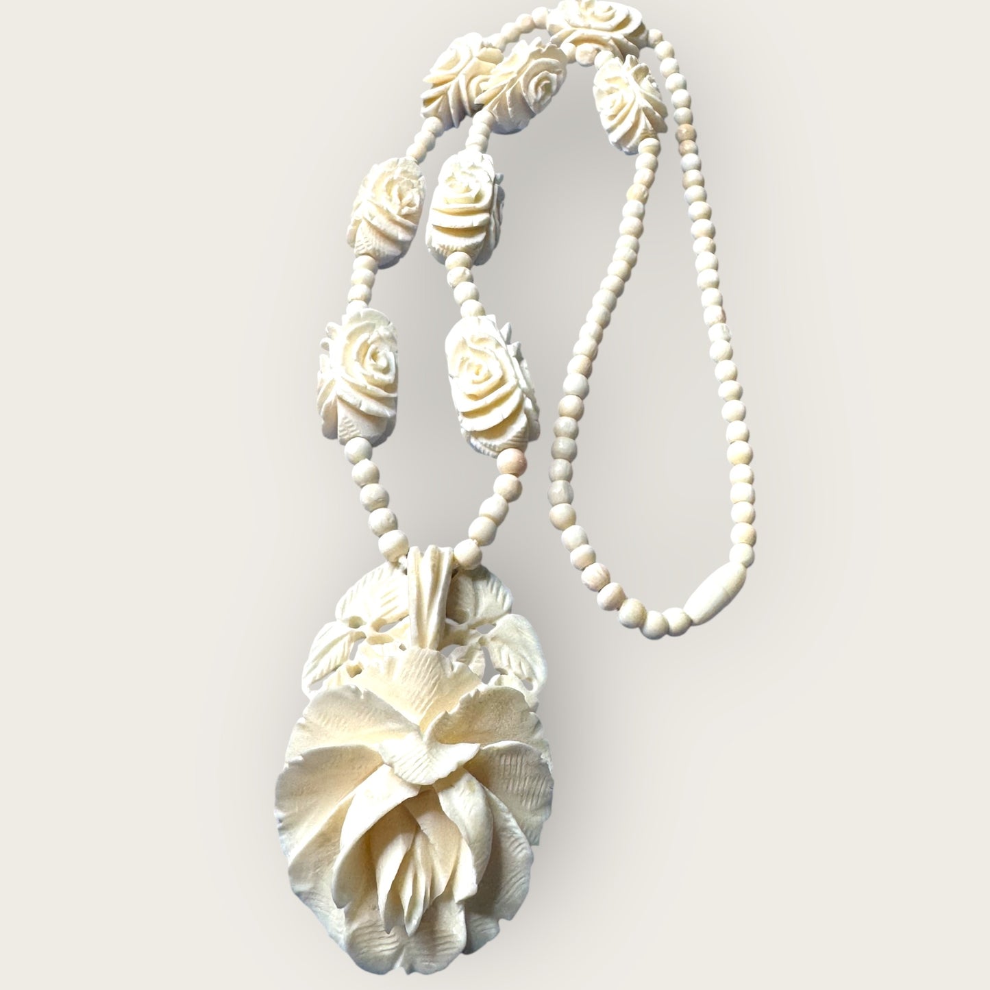 Hand-Carved Bone Rose Necklace – 1970s Artisan Floral Pendant & Beaded Strand