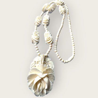 Hand-Carved Bone Rose Necklace – 1970s Artisan Floral Pendant & Beaded Strand