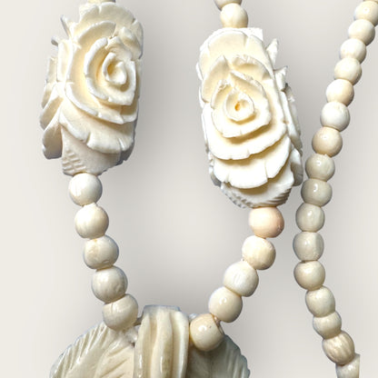 Hand-Carved Bone Rose Necklace – 1970s Artisan Floral Pendant & Beaded Strand