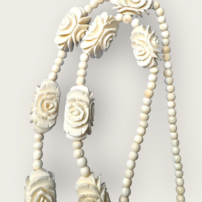 Hand-Carved Bone Rose Necklace – 1970s Artisan Floral Pendant & Beaded Strand