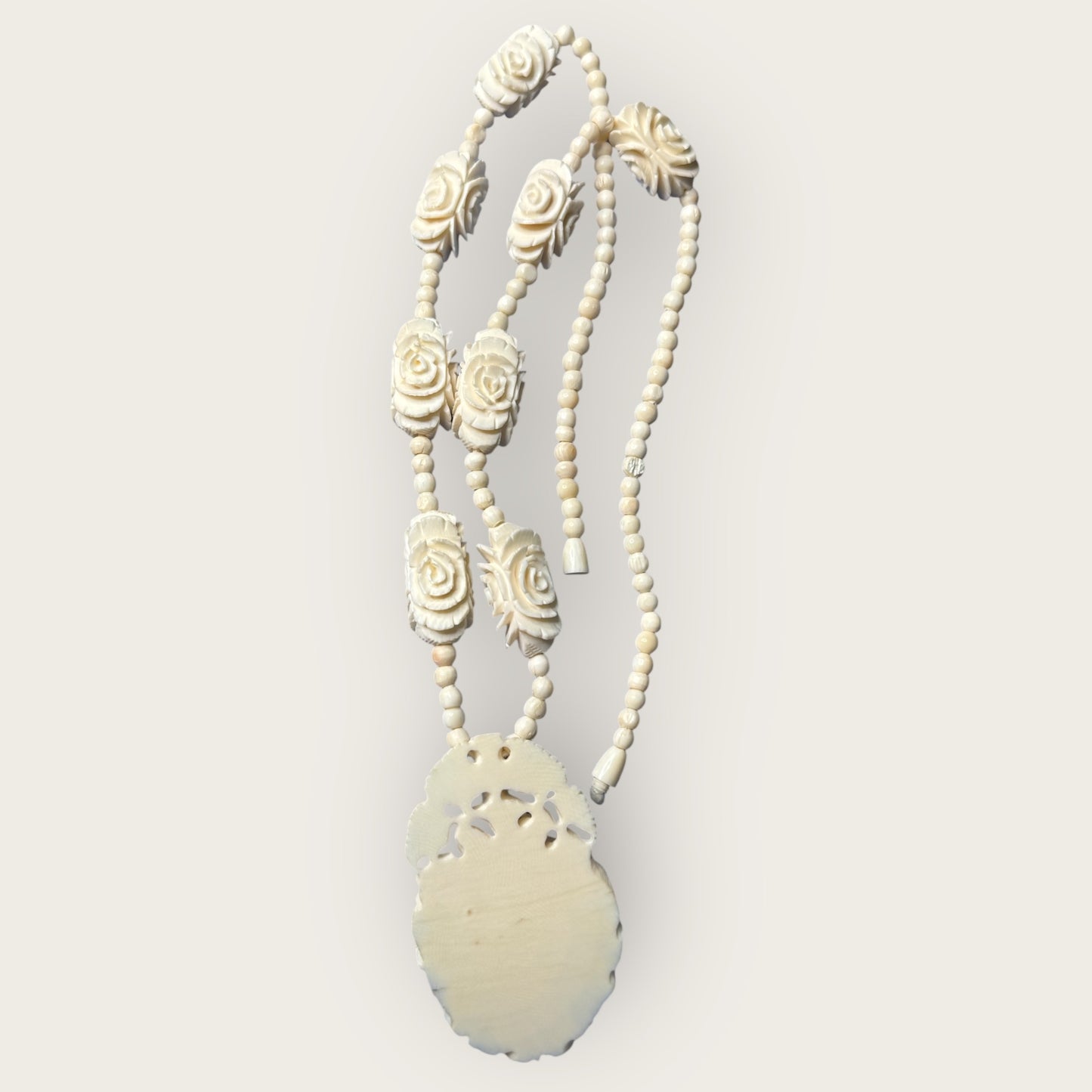 Hand-Carved Bone Rose Necklace – 1970s Artisan Floral Pendant & Beaded Strand